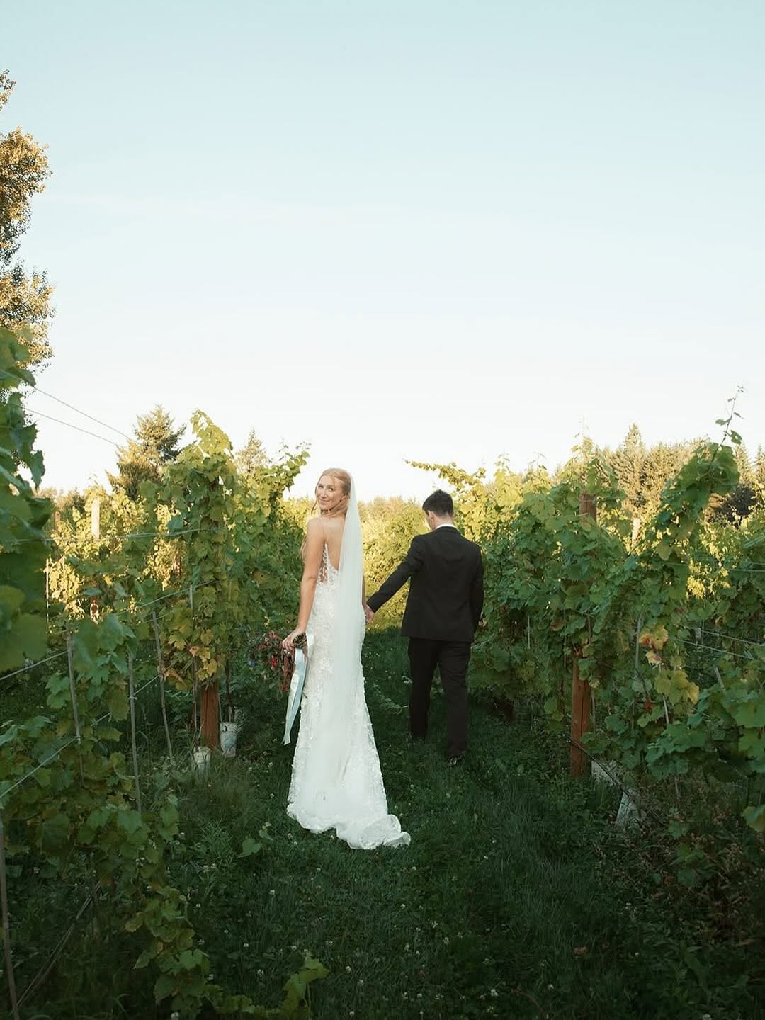 Bride glancing back while walking through the vineyard with her groom