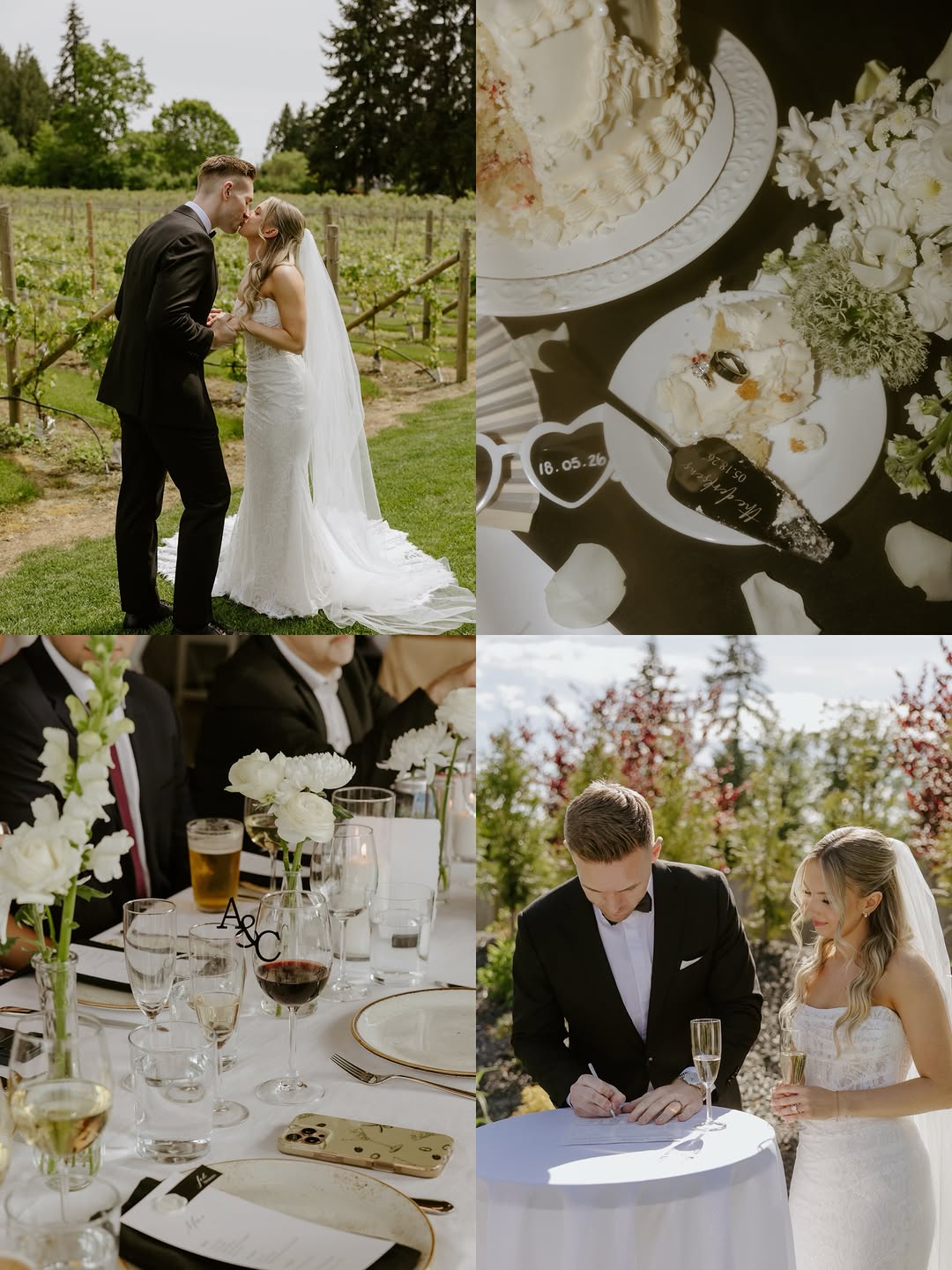 Collage of wedding moments — kiss, cake, tablescape, and signing