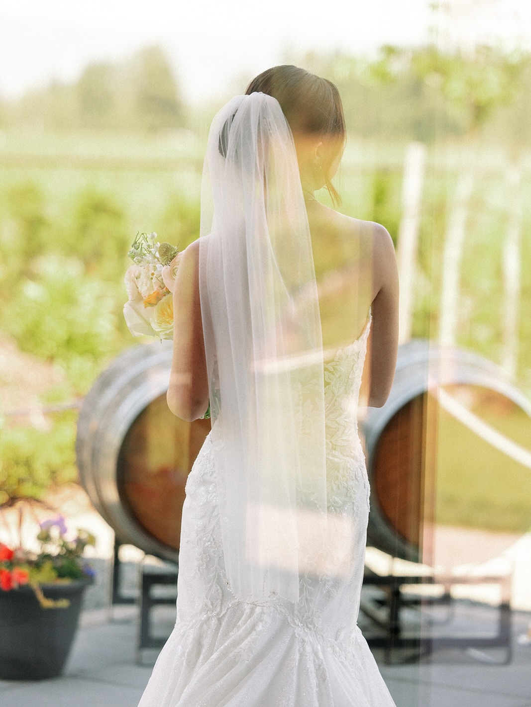Bride from behind with long veil and bouquet near wine barrels