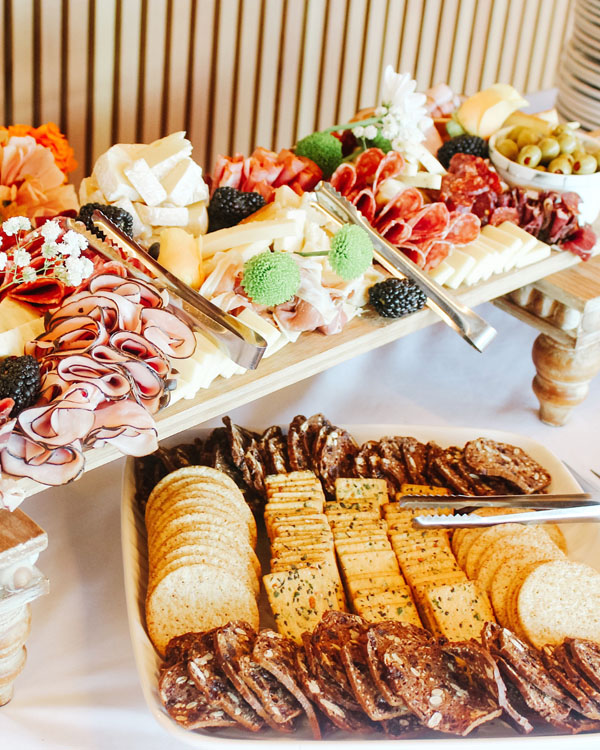 Bridal shower charcuterie display with crackers and meats